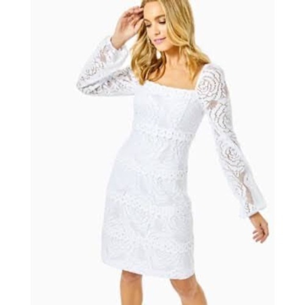 Lilly Pulitzer White Lace Long Sleeve Mini Dress Square Neck Rose Floral Size 6